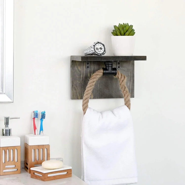 Gray Wood & Industrial Black Pipe Rope Hand Towel Ring w/ Shelf