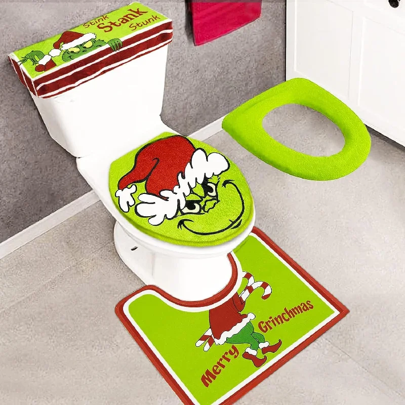 Grinchs Decor Christmas Set of 4 Bathroom Decorations Toilet Seat Cover and Rug