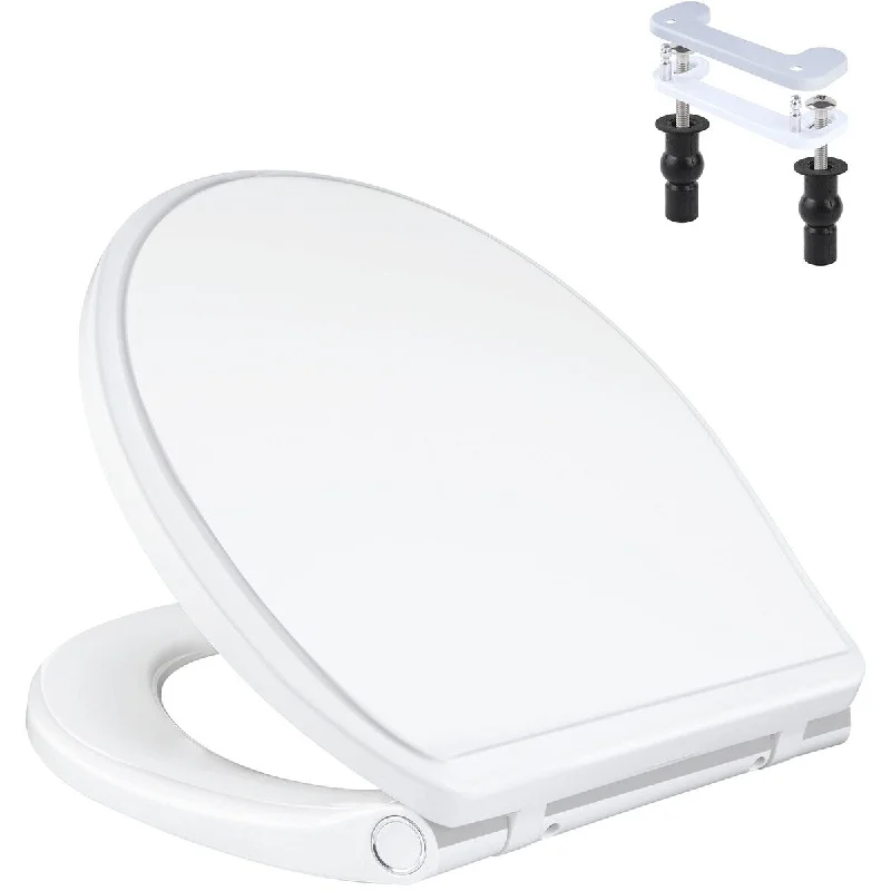 Round Toilet Seat, Slow Close and Never Loosen Stable Hinge, One-button Quick Release, Plastic Toilet Seat w/ Grip-Tight Bumpers