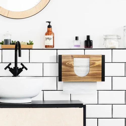 Rustic Burnt Wood and Black Metal Paper Towel Dispenser