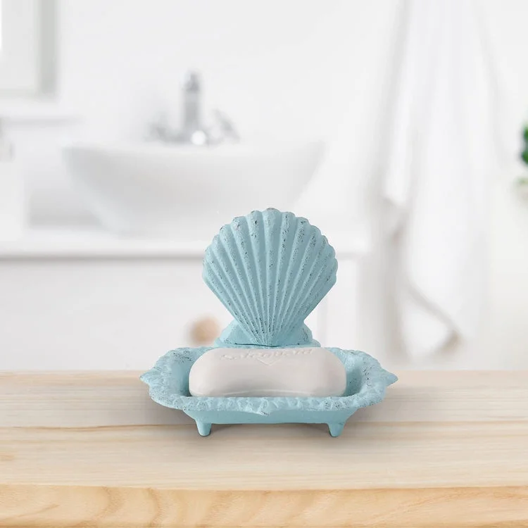 Seashell Design Distressed Aqua Blue Cast Iron Soap Dish