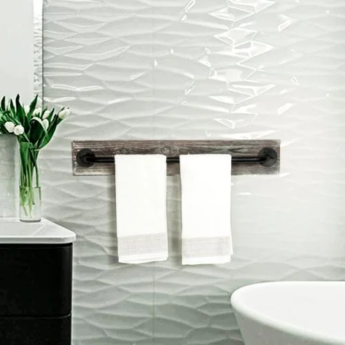 Torched Wood & Black Metal Industrial Pipe Towel Bar