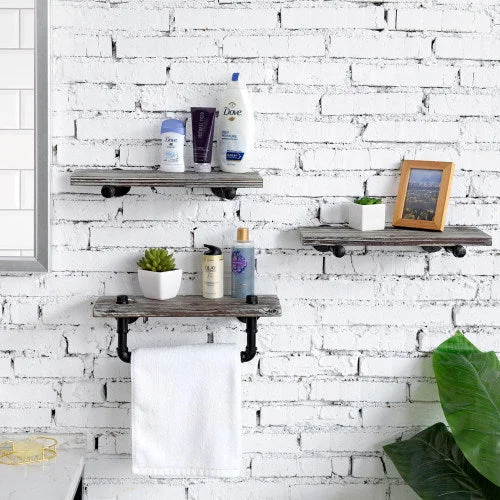 Torched Wood/ Industrial Pipe Bathroom Shelf Set w/ Towel Bar