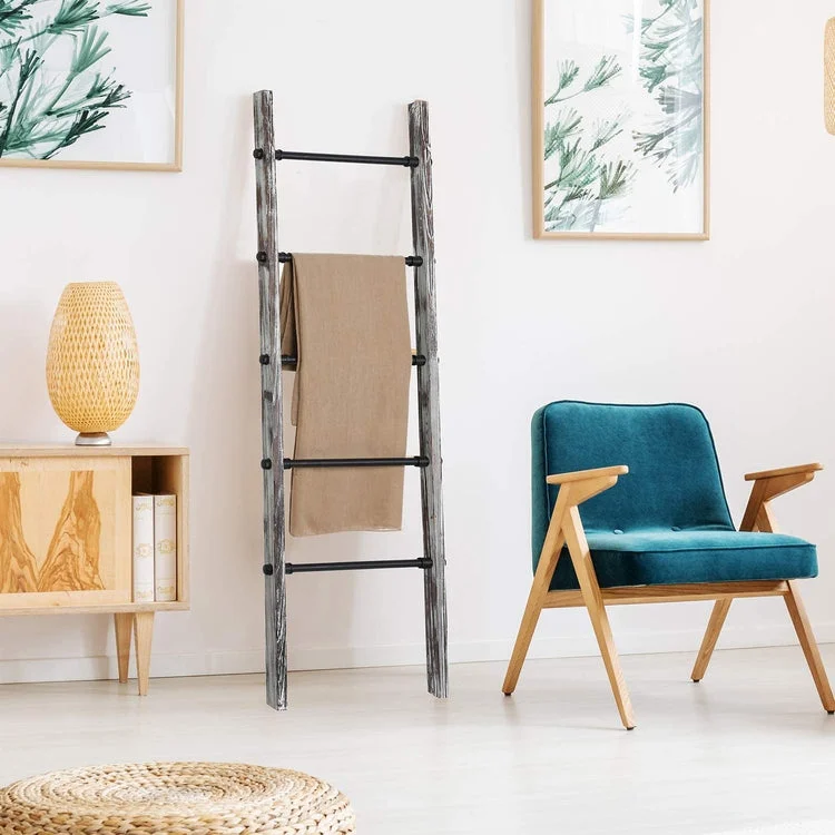 Wall-Leaning Torched Wood & Metal Pipe Towel Ladder