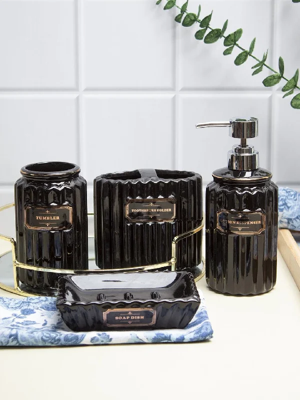 Black Ceramic Bathroom Set Of 4 - Ribbed Design, Bath Accessories